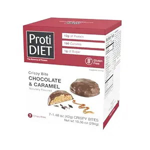 ProtiDIET Chocolate and Caramel Crispy Bites - Gluten free, Low Sugar, High Protein Healthy Snacks with Collagen for Adults to Support a Busy and Active Lifestyle - 7 Protein Bites Per Box