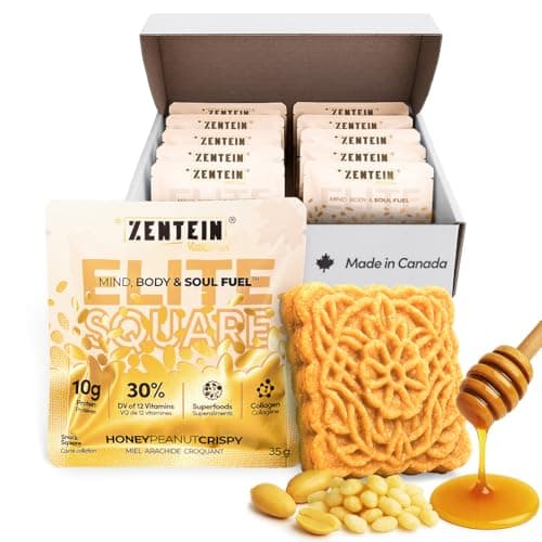 Zentein Elite Square Protein Peanut Butter and Honey Snack Square Bar, 10g Protein, 150 Calories, 12 Count Box