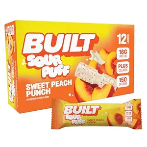 BUILT Sour Puff Protein Bar, Sweet Peach Punch, 16g Protein, 12 Count