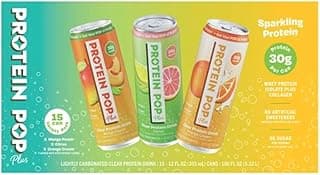 Protein Pop Plus Sparkling Clear Protein Drink Variety Pack, 30g Whey Isolate and Collagen, 0g Sugar, 15 Cans, 12 fl oz