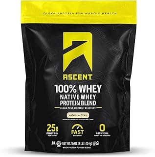 Ascent 100% Whey Protein Powder - Post Workout Whey Protein Isolate, Zero Artificial Flavors & Sweeteners, Gluten Free, 5....