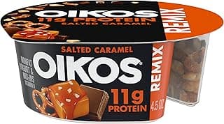 Oikos REMIX Salted Caramel Nonfat Greek Yogurt with Sea Salt Praline Pretzels, Dark Chocolate and Butter Toffee Mix-Ins, D...