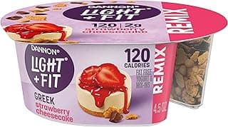 Dannon Light + Fit REMIX Strawberry Cheesecake Nonfat Greek Yogurt with Graham Cookies, Caramel Pearls and Dark Chocolate ...