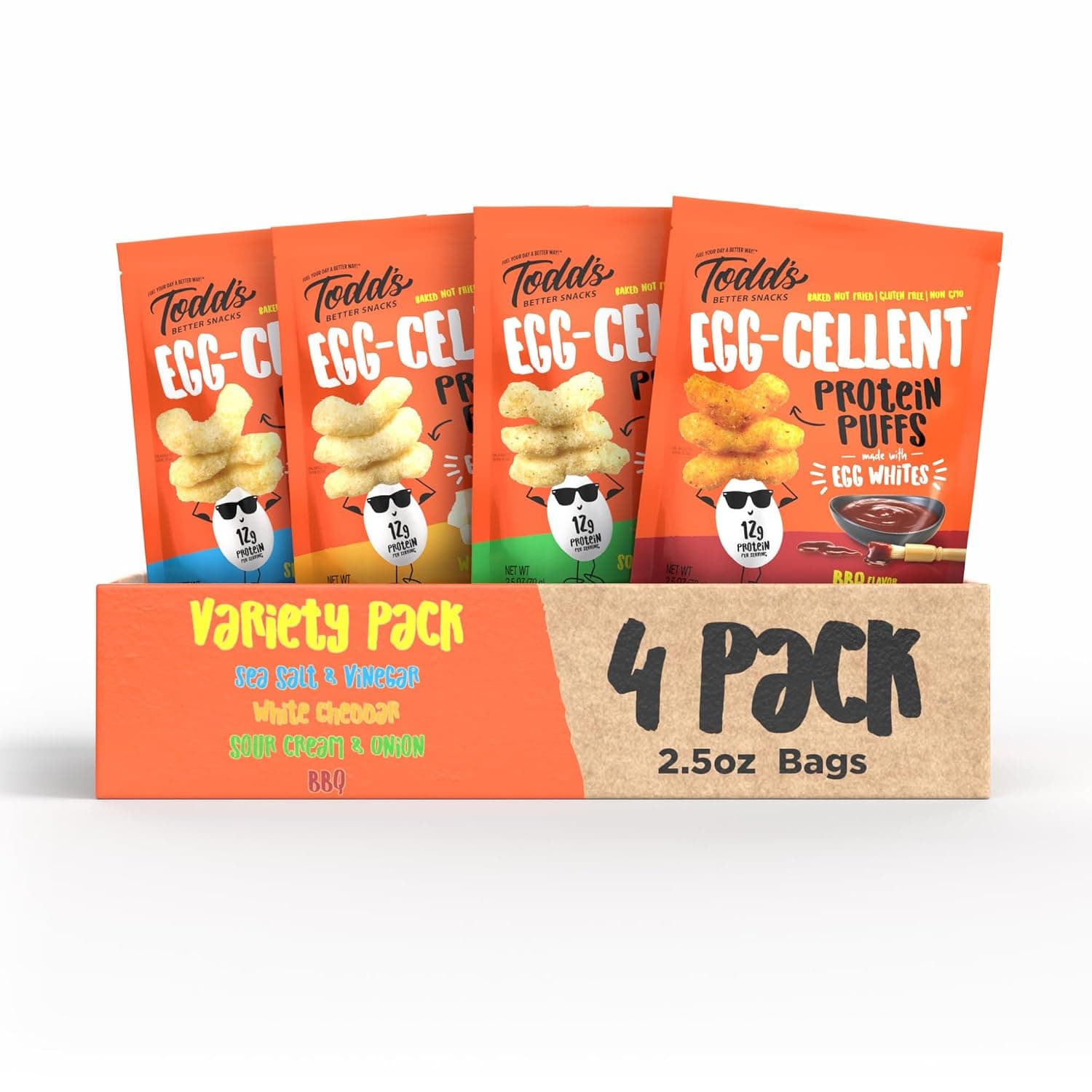 Todd's Better Snacks Egg-Cellent High Protein Puffs - Variety Pack, 12g Protein, Gluten Free Paleo Snack, Baked Not Fried, 2.5oz Bags (4 Pack)