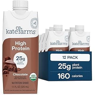Kate Farms chocolate nutrition shake listed by 180cal as a plant based high protein snack under 180 calories