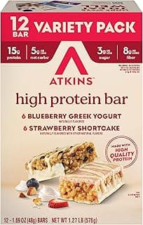 Atkins Blueberry Greek Yogurt & Strawberry Shortcake High Protein Bar, High Fiber, Keto Friendly, 12 Count (6 Bars Each Fl...