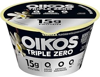 Oikos Triple Zero Vanilla Nonfat Greek Yogurt, 0% Fat, 0g Added Sugar and 0 Artificial Sweeteners, Just Delicious High Pro...