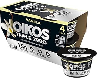 Oikos Triple Zero Vanilla Nonfat Greek Yogurt Pack, 0% Fat, 0g Added Sugar and 0 Artificial Sweeteners, Just Delicious Hig...