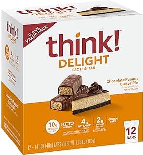think! Delight Protein Bars, Chocolate Peanut Butter Pie, Low Sugar & Low Carb Gluten-Free Snack, Keto Friendly Snacks, 12...