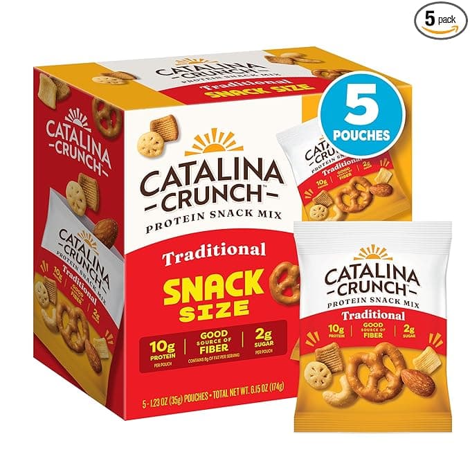 Catalina Crunch Protein Snack Mix - 10g Protein, 2g Sugar per Snack Size Pouch - Good Source of Fiber - Gluten Free - Traditional - 1.23 oz pouch (Pack of 5)