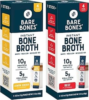 Bare Bones Bone Broth Instant Powdered Beverage Mix, Chicken & Beef, Variety Pack of 8, 4 Chicken & 4 Beef - 15g Sticks, 1...