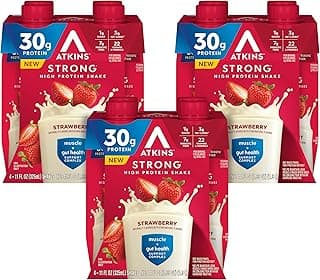 Atkins Strong High Protein Shake, Strawberry Flavored, 30g Protein, 7g Prebiotic Fiber, 1g Sugar Muscle and Gut Health Sup...