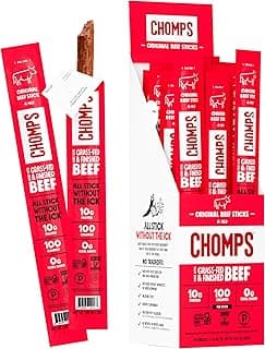 Chomps Grass-Fed and Finished Original Beef Jerky Snack Sticks 24-Pack, Keto, Paleo, Whole30, 10g Protein, Gluten-Free