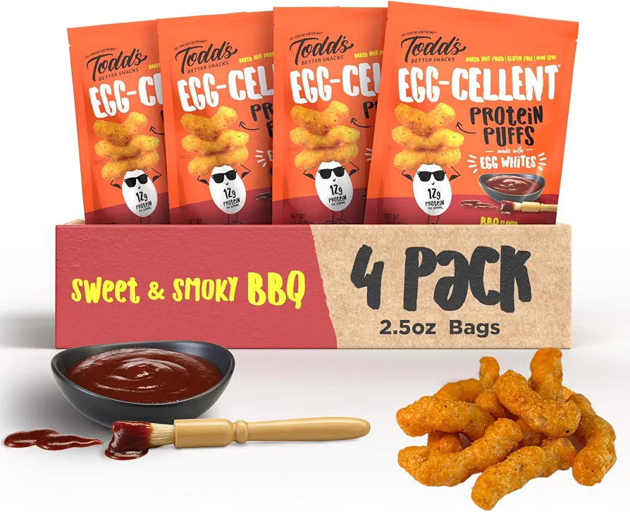Todd's Better Snacks Egg-Cellent High Protein Puffs - Sweet & Smoky BBQ, 12g Protein, Gluten Free Paleo Snack, Baked Not Fried, GLP-1 Friendly - Healthy Crunchy Egg White Snacks 2.5oz Bags (4 Pack)