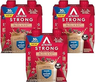 Atkins Strong High Protein Shake, Café Latte Flavored, 30g Protein, 7g Prebiotic Fiber, 1g Sugar, Muscle and Gut Health Su...
