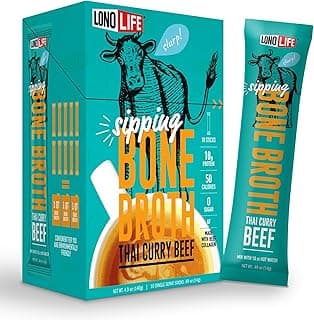 LonoLife Thai Curry Beef Bone Broth Powder Mix | Grass-Fed, 10g Protein | Collagen-Rich, Keto & Paleo Friendly | Natural I...
