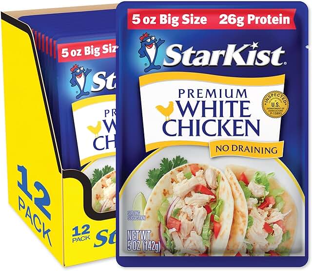 StarKist premium white chicken pouch listed by 180cal as a high protein snack that does not need refrigeration