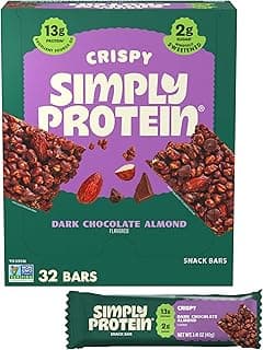 Simply Protein dark chocolate almond crispy bars listed by 180cal as a high fiber high protein snack under 180 calories