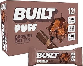 BUILT Bar Puff Protein Bars - Brownie Batter - 17g Protein Snack Bars with Collagen - Calorie Conscious & Gluten Free - 12...
