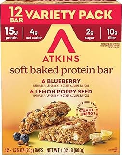 Atkins Soft Baked High Protein Bars, Lemon Poppyseed & Blueberry Flavors, 15g Protein, 4g Net Carbs, 2g Sugar, Keto Snack...