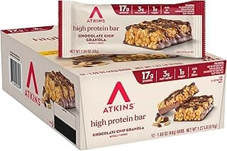 Atkins Chocolate Chip Granola Protein Bar, High Fiber, Low Sugar, 17g Protein, 3g Net Carb, High Protein Bars, Keto Friend...