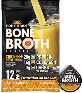 Brite Start bone broth concentrate packets listed by 180cal as a high protein snack under 100 calories