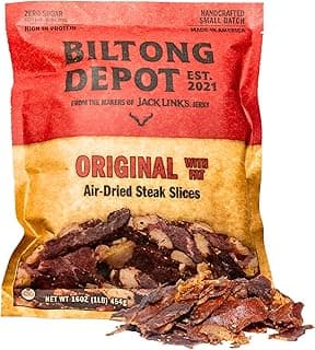 Biltong Depot Original Beef Biltong Slices with Fat – 1lb (16oz) | Air-Dried Beef Jerky Snack | High Protein | Zero Sugar...