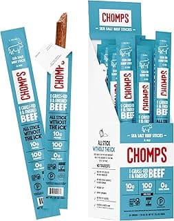 CHOMPS Grass Fed Sea Salt Beef Jerky Snack Sticks, Keto, Whole30, Paleo, Gluten Free, Sugar Free, Low Carb, AIP Diet Compl...