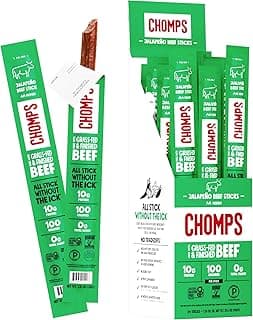 Chomps Grass-Fed and Finished Jalapeño Beef Jerky Snack Sticks 24-Pack - Keto, Paleo, Whole30, 10g Lean Meat Protein, Glut...