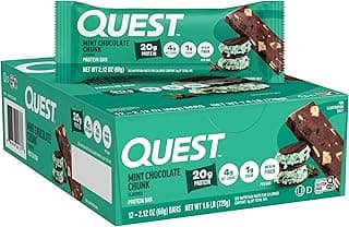 Quest Nutrition Mint Chocolate Chunk Protein Bars, 20g Protein, 1g Sugar, 4g Net Carb, High Fiber, Gluten Free, Keto Frien...