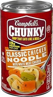Campbell's Chunky chicken noodle soup listed by 180cal as a savory protein snack under twenty dollars