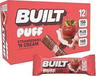 BUILT Bar Puff Protein Bars - Strawberries 'N Cream - 15g Protein Snack Bars with Collagen - Calorie Conscious & Gluten Fr...