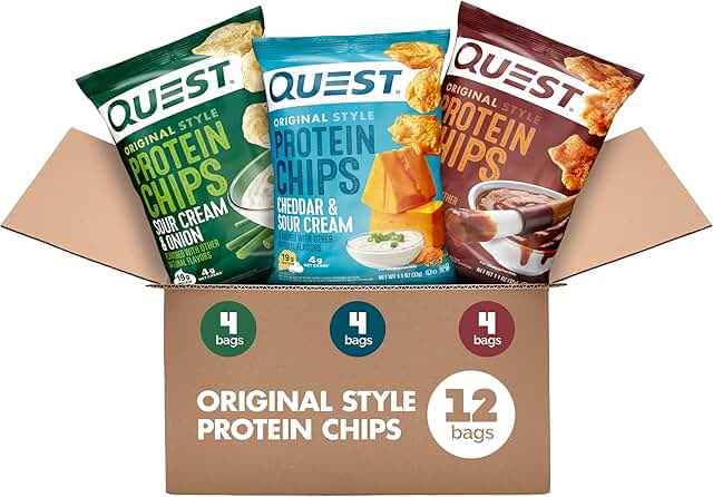 Quest protein chips variety pack listed by 180cal as a high protein school snack under 180 calories