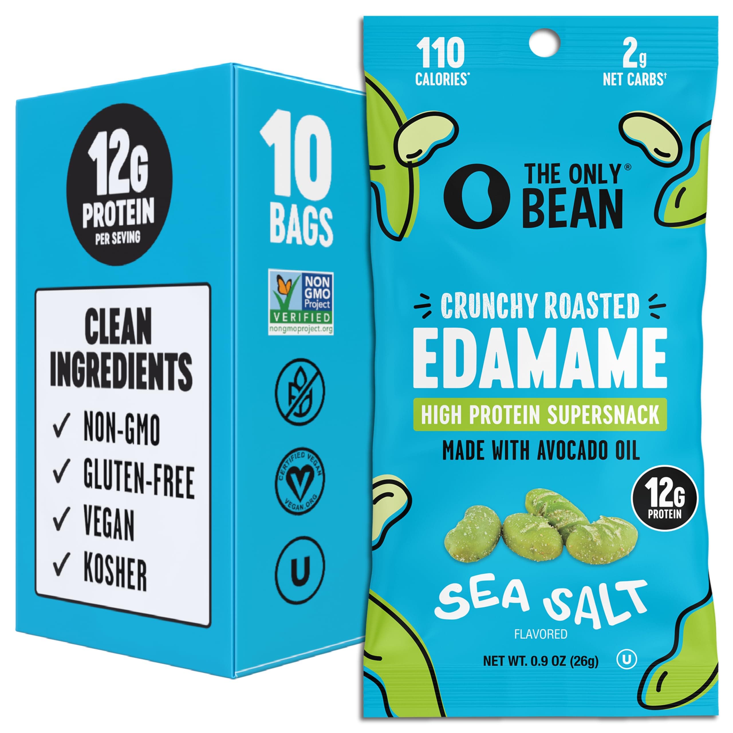 The Only Bean Crunchy Dry Roasted Edamame Snacks, Sea Salt, 0.9 oz 10 Pack