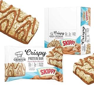 Genius Gourmet SKIPPY® Peanut Butter Flavored Crispy Protein Bars,12g Protein per serving (24% DV), 3g Sugar, Delicious Sn...